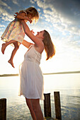 Mother and daughter at lake Starnberg, Upper Bavaria, Bavaria, Germany