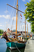 Traditional sailing ship on the Trave river, harbor museum, Lubeck, Schleswig-Holstein, Germany