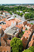 View over historic city with Trave river, Lubeck, Schleswig-Holstein, Germany