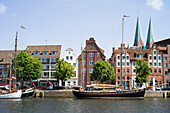 Traditional sailing ship on the river Trave, museum harbor, Lubeck, Schleswig-Holstein, Germany