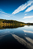 sunset, Reflection of the sky in the Windgfaellweiher, near Lake Titisee, Black Forest, Baden-Wuerttemberg, Germany