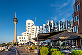 Café vor Frank Gehry Bauten, Medienhafen, Düsseldorf, Nordrhein Westfalen, Deutschland