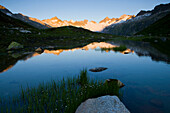 Oberaarhorn, Switzerland, canton Bern, Bernese Oberland, Grimsel area, mountains, lake, water, sunrise, reflection, glacier
