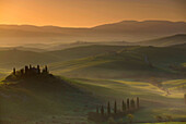 San Quirico dOrcia, Italy, Europe, Tuscany, Crete, hill, fields, farm, clouds, morning mood, sunrise, cypresses