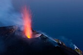 Stromboli, Italy, Europe, Lipari Islands, island, isle, volcano, crater, volcano eruption, eruption, lava, glowing, heat, daybreak, smoke, sea