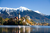 Slovenia, Europe, Bled, lake, autumn, church, mountains