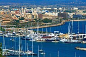 Palma de Mallorca, Harbor bay from Bellver castle, Palma, Majorca, Balearic Islands, Spain, europe.