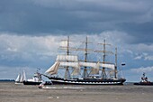 Russian tall ship Kruzenstern on the river Weser in Bremerhaven, Germany, Europe
