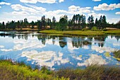 Clouds reflect in Winslow Pond at Turnbull on a bright, sunny day