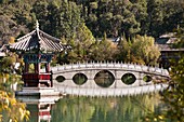 Pagoda and Suocui bridge reflecting in the Black Dragon Pool, Lijiang, Yunnan Province, China