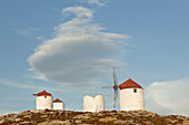 Windmills on the hill of Chora, Amorgos, Cyclades Islands, Greek Islands, Greece, Europe.