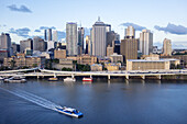 Australia, Queensland, Brisbane, Central, Business, District, CBD, city skyline, skyscrapers, buildings, view from South Bank, Pacific Motorway, M3, Brisbane River, Moon, dusk, CityCat, CityFerries, ferry, boat.