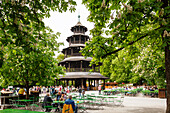 Beer garden and Chinese Tower in the English Garden, Munich, Upper Bavaria, Bavaria, Germany, Europe