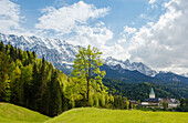 Schloss Elmau palace near Klais, Wetterstein mountains, Spring, near Mittenwald, Werdenfelser Land, Bavarian Alps, Upper Bavaria, Bavaria, Germany, Europe