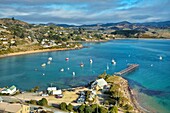 Harbour, fishing boats and Fleurs place restaurant, Moeraki, Otago, South Island, New Zealand