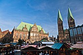 View over the christmas market with the town hall, the cathedral St. Petri and the Parliament building, Bremen, Germany, Europe