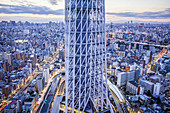 Detail of Skytree tower and northern skyline of the city, Tokyo, Japan.