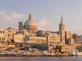 Valletta, the capital of Malta and listed as UNESCO world heritage. Valletta during sunset and Marsamxett Harbour. Europe, Southern Europe, Malta, April.