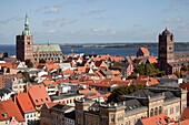 view over the historic centre of Stralsund with Saint Jamess Church, St  Nicolass church and Ruegen island, Hanseatic City of Stralsund, Mecklenburg-Vorpommern, Germany