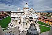 Aerial view of the Duomo seen from the Leaning Tower of Pisa in Piazza del Miracoli in Pisa, Italy, Europe