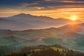 View from Pieniny to Tatra Mountains, sunset, Poland, Europe