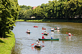 Boating on river Weisse Elster, Plagwitz, Leipzig, Saxony, Germany