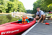 Father and son kayaking, Plagwitz, Leipzig, Saxony, Germany