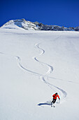 Man back-country skiing downhill from Kleiner Kaserer, Olperer in background, Kleiner Kaserer, valley of Schmirn, Zillertal Alps, Tyrol, Austria