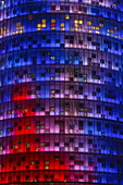 Torre Agbar, Architekt Jean Nouvel, moderne Architektur, LED-Beleuchtung, Wahrzeichen, Distrikt 22@, Barcelona, Katalonien, Spanien, Europa