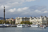 Monument a Colom, Kolumbussäule, Hafenverwaltungsgebäude von Port de Barcelona, Golondrinas, Bootsausflüge, Port Vell, Hafen, Ciutat Vella, Barcelona, Katalonien, Spanien, Europa