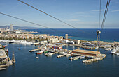 view from the cable car across the harbour and town, fishing Port, Port Vell, coastline, Barcelona, Catalunya, Catalonia, Spain, Europe