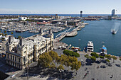 stately building of Port de Barcelona, Rambla del Mar, marina, Maremagnum shopping center, Port Vell, harbour, Ciutat Vella, Barcelona, Catalunya, Catalonia, Spain, Europe