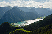 Lake Achensee seen from the Erfurther mountain hut in the Rofan mountains, near Maurach, Schwaz, Tyrol, Austria, Europe