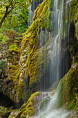 Schlererfaelle waterfall with moss, gorge of the Ammer river, near Saulgrub, district Garmisch-Partenkirchen, Bavarian alpine foreland, Upper Bavaria, Bavaria, Germany, Europe