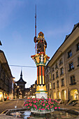 Fountain with Zytglogge Tower, Simson Fountain, Kramgasse,  Old City Center of Berne