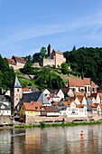 Old town with Hirschhorn castle, Hirschhorn on the river Neckar, Hesse, Germany