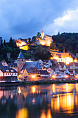 Old town with Hirschhorn castle at dusk, Hirschhorn on the river Neckar, Hesse, Germany