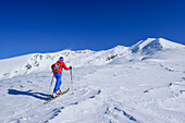 Woman back-country skiing ascending towards Punta Tre Chiosis, Punta Tre Chiosis, Valle Varaita, Cottian Alps, Piedmont, Italy