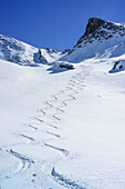Downhill tracks in front of Rocca La Marchisa, Rocca La Marchisa, Valle Varaita, Cottian Alps, Piedmont, Italy