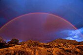Regenbogen und gelbe Gräser, Gewitterstimmung bei Monachil am Fuss der Sierra Nevada, Andalusien, Spanien, Europa