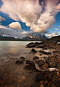 Evening light and clouds at Lago Pehoe with Cuernos del Paine above, Torres Del Paine National Park, Patagonia, Chile