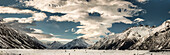 Wind clouds over snow covered valley, Tasman Glacier, Hooker River, Liebig Range, Mount Cook National Park, New Zealand