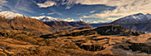 Dawn panorama from Rocky Hill above Diamond Lake, with Black Peak and Mount Aspiring, Matukituki Valley near Wanaka, Otago, New Zealand