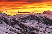 Sunset over mountain range, Aiguilles d'Arves, Alps, France