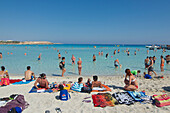 White sandy beach with many people, Nissi Beach near Ayia Napa northeast of Larnaca, Larnaca District, Cyprus