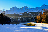 Piz Albana, Piz Güglia and Piz Nair above Lake St. Moritz with St. Moritz, Engadin, Grisons, Switzerland