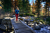 Woman hiking over a river on a bridge at the shore of lake Saoseo (2028 m), Valposchiavo, Grisons, Switzerland