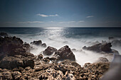 Rocky coast on the Mediterranean Sea in Font de Sa Cala in Mallorca, Mallorca, Balearic Islands, Spain