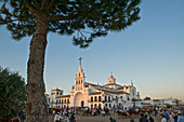 Pilgrims in front of the church Eremita del Rocio at El Rocio at Pentecost, Huelva, Andalusien, Spanien