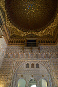 Moorish cuppola and wall decorations in the Alcazar, Sevilla, Andalusia, Spain, Europe